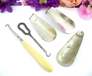 3 SCHUHLÖFFEL und 2 KNOPFHAKEN Vintage LOT Werbung Florsheim Goldkreuz - Bild 1 von 10