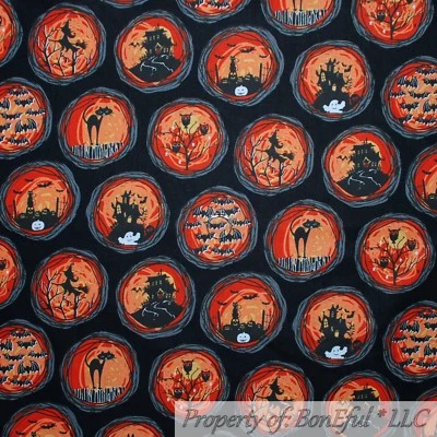 MICHAEL MILLER FABRICS BonEful FABRIC FQ Cotton Quilt Black Cat White Haunted House Tree Bat Orange Dot