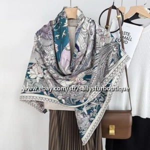 Sallys 70% Cashmere 30% Silk Wrap Scarf Garden Print 2 Face Shawl 53" Blue/Lilac - Picture 1 of 12