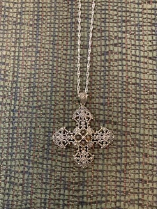 Sterling Silver -  Religious Cross Filigree With Stones. Pendant And Necklace - Picture 1 of 5