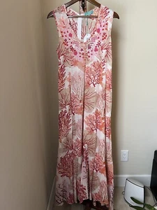 Antica Sartoria Maxi Dress OS Beaded Embellished Coral Sleeveless Cotton Resort - Picture 1 of 13