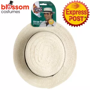 AC60 Mens Ladies Straw Boater Hat School Girl Explorer Summer Sun Beach Costume - Picture 1 of 3