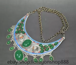 6.6" Chinese Marked Bronze Silver Cloisonne 2 Beast Head Gemstone Woman Necklace - Picture 1 of 9