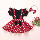 Toddler Baby Girl Top Bow Polka Dot Suspender Skirt Headband Outfits Clothes Set