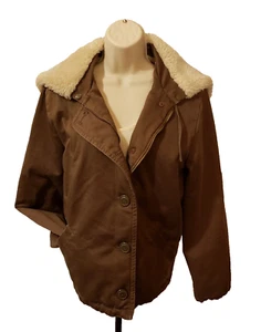 Vintage J Crew 100% Cotton Brown Barn Coat with 3 Way Sherpa Hood - Womens Large - Picture 1 of 10