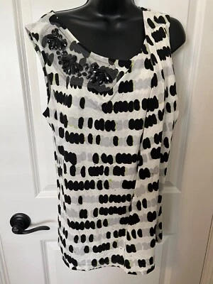 NUEVO SIN ETIQUETAS SIMPLE VERA WANG L FANCY BLUSA SIN MANGAS DETALLE PIEDRA MARFIL PUNTOS NEGROS MODA Foto 1 de 4