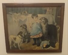 1900s Victorian framed picture. Girl with doll and 3 hungry dogs,FREE SHIPPING