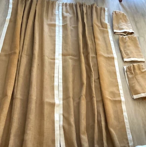 Ballard Designs Bordered Jute Burlap 2 Drapery Panels & 3 Valances FARMHOUSE - Picture 1 of 6