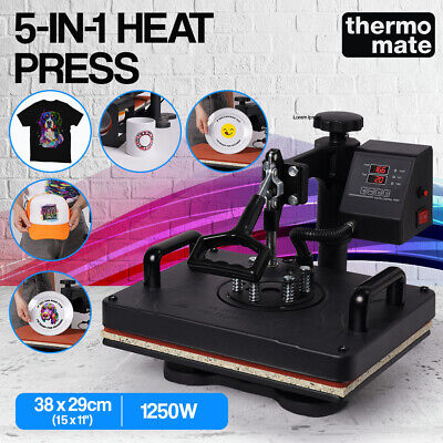 THERMOMATE Heat Press Machine 5in1 Transfer Printing T-Shirt Clothing Mugs Caps • 309$