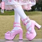 Women Sweet Bowknot Ankle Strap Princess Shoes Pumps High Heels Platform Chunky