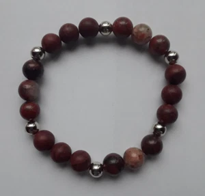 NEW 8MM RUST/GRAY JASPER & SILVER TONE BEADED BRACELET,  BUY ANY 2 GET 1 FREE - Picture 1 of 3