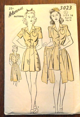 VTG 1940s Playsuit and Skirt Advance Sewing Pattern 3023 Bust 34 Complete UNUSED - Image 1 of 3