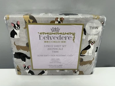 Dog Print 3pc Sheet Set Twin Belvedere Gray Dogs Bulldog Collie Dachshund Yorkie - Image 1 of 4