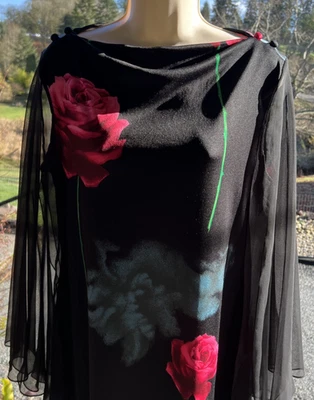 Maxi Vestido De Colección Negro Rosa Gótico Capricho Gasa Ángel Manga Dividida Años 70 Foto 1 de 4