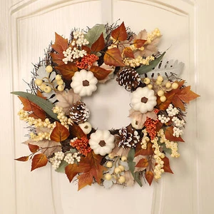 45cm Artificial Wreath Garland Fall Maple Leaf Pumpkin Door Wall Hanging Decor - Picture 1 of 9