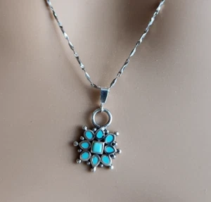 Sterling Silver Turquoise Inlay Flower Charm Necklace 18” Twisted Bone Chain - Picture 1 of 12