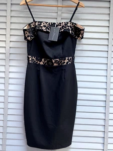 PAPER DOLLS Bardot Dress UK 10 Lace Pencil Black Beige Off Shoulder Occasion - Picture 1 of 9