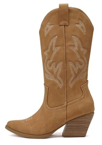 Soda Women Cowboy Western Stitched Heel Boots Pointy Toe Mid Shaft ORVILLE Brown - Picture 1 of 4