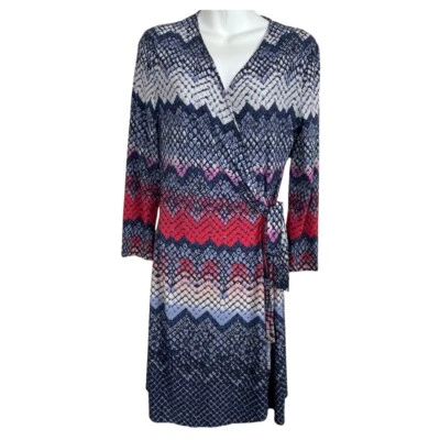 BCBGMaxazria M 码蓝色红色白色裹身连衣裙长袖球衣 — 第 1/4 张图片