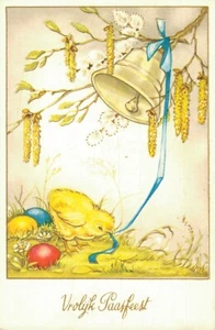 Feliz Pascua Feliz Pascua Pollito Tocando una Campana Postal Vintage 08.08 - Imagen 1 de 2