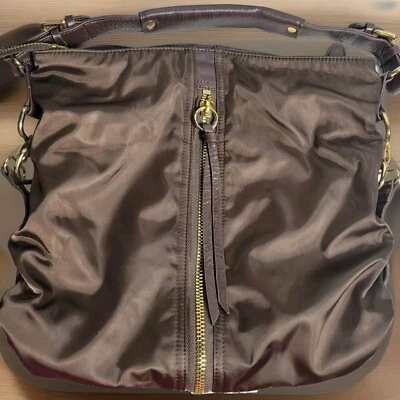 Cartera Hobo De Colección Marrón Metálica Cuero Nailon Cremallera Completa Expandible Retro Grunge  Foto 1 de 4