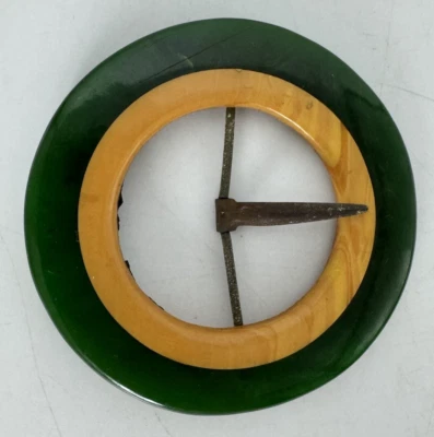 Vintage 1960’s Green & Butterscotch Bakelite Round Belt Buckle 3” Tested - Image 1 of 4