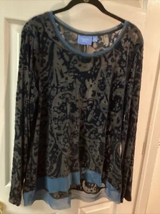 Simply Vera Wang Women’s Sz XL Teal Blue Black Burnout Velvet Long Sleeve Top - Picture 1 of 3