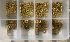 200 PIECES 4-40 THRU 10-32 BRASS MINI HEX NUTS AND FLAT WASHER ASSORTMENT - Picture 1 of 1