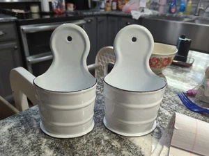 2 Farmhouse White Enamelware Wall Decor Salt Cellar - Picture 1 of 7