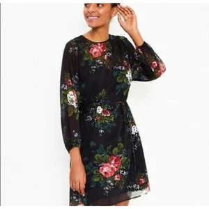 Vestido de fiesta transparente Loft talla 14, cuello ojo de cerradura, corbata en la cintura, negro floral vacaciones - Imagen 1 de 12