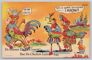 Postal de lino de gallo y gallina de cómic de vendedor broma Curt Teich - Imagen 1 de 2