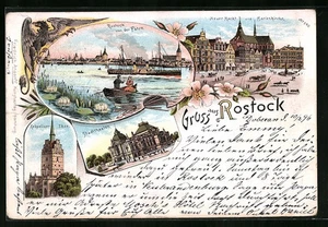 Lithographie Rostock, Stadttheater, Kröpeliner Tor, Neuer Markt und Marienkirch  - Picture 1 of 2