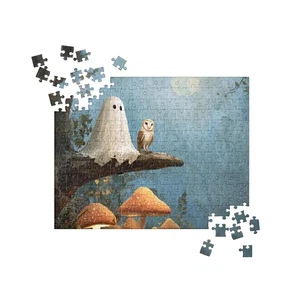 Ghost And Owl Puzzle Woodland Halloween Autumn Fall Nature Art Jigsaw Puzzle Gif - Picture 1 of 7
