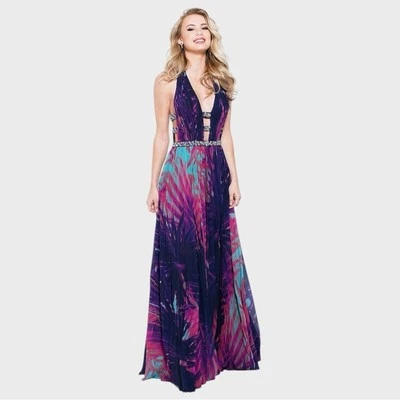 Jovani NWT Purple Pink Teal Palm Print Crystal Accent Cut Out Dress Size 4 - Image 1 of 4