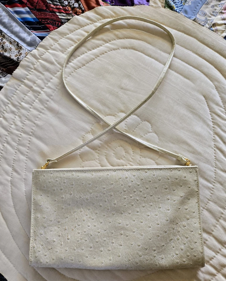 Bolso Bandolera Vintage Años 70-80 Marfil Imitación Avestruz 3 Vías GRAN CLUTCH Hombro Foto 1 de 4