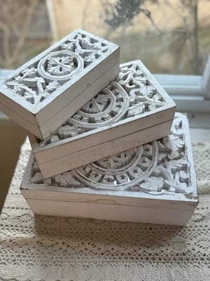 Boho гнездовые коробки побеленный манго дерева мандала зеркальный набор из 3 Индии как есть - Изображение 1 из 4