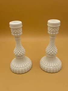 (357) VTG White Hobnail Milk Glass Candleholder Set 6.75" - Picture 1 of 4