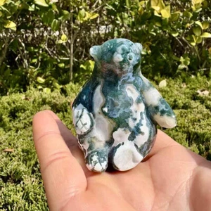 1pc Natural Moss Agate Quartz Carved Bear Skull Crystal Reiki Gift Decor - Picture 1 of 9
