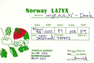 Tarjeta QSL de radioaficionados noruega LA7YX Kvinesdal Noruega 1998 Jansen - Imagen 1 de 1