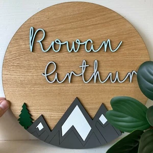 Personalised Wooden Oak Name Sign - Nordic Mountain Plaque Sign - Nursery Décor - Picture 1 of 3