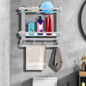 Wall Mounted Storage Rack Bathroom Glass Floating Shelves & 2 Towel Bar Hanger - Picture 1 of 12