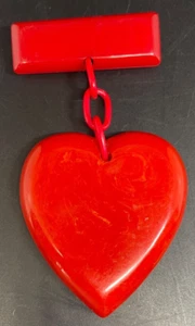 Vintage Bakelite Cherry Red Puffy Heart & Chain Bar Pin - Picture 1 of 6