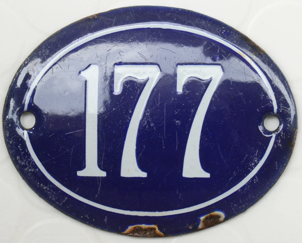 Old blue oval French house number 177 door gate plate plaque enamel steel sign - Image 1 of 1