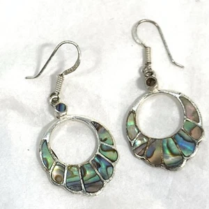 VTG Signed ND 925 Sterling Silver Earrings Abalone Dangle Hoop Scallop Edge 1" - Picture 1 of 7