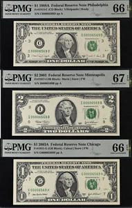 2003 $2 PMG 67EPQ 1988A & 2003A $1 66EPQ - 3 Matching Low Serial Number 00006569 - Picture 1 of 7