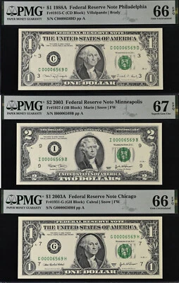2003 $2 PMG 67EPQ 1988A & 2003A $1 66EPQ - 3 Matching Low Serial Number 00006569 - Image 1 of 4