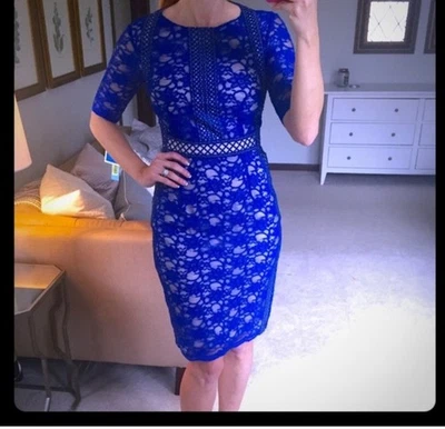 Antonio Melani Dress Women  10 Blue Lace Overlay Sheath Slimming Zip Lined - Image 1 of 4