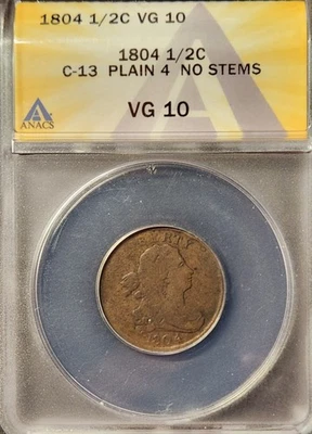 1804 Draped Bust 1/2 Cent C-13 Plain 4 No Stem Anacs VG10 - Image 1 of 4