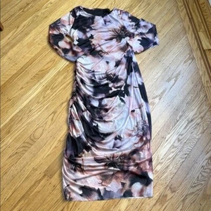 SHEIN Curve 1XL Floral Ruched Mesh Midi Dress Lined Long Sleeve Bodycon - Picture 1 of 8