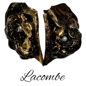 Vintage Lacombe 1980 Women's Iridescent Ceramic Lock Back Earrings Gold Black - Picture 1 of 9